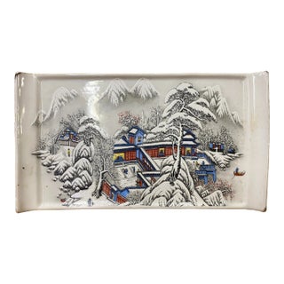 Distressed White Porcelain Snow Trees House Rectangular Display Plate For Sale
