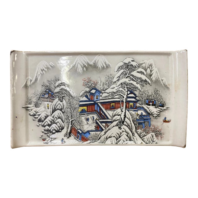 Distressed White Porcelain Snow Trees House Rectangular Display Plate For Sale