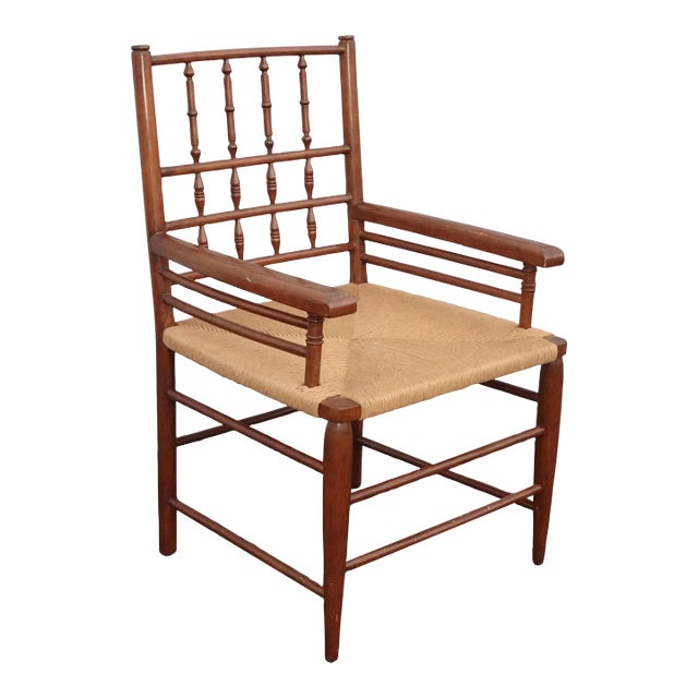 Vintage French Country Brown Rush Oversized Side Chair For Sale