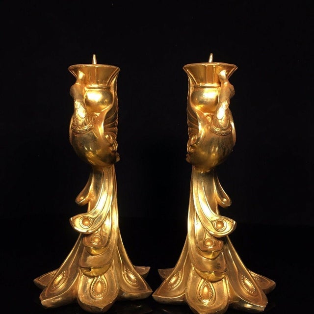 Asian Pair of Antique Gilt Bronze Phoenix Candlesticks, 4.7kg For Sale - Image 3 of 9