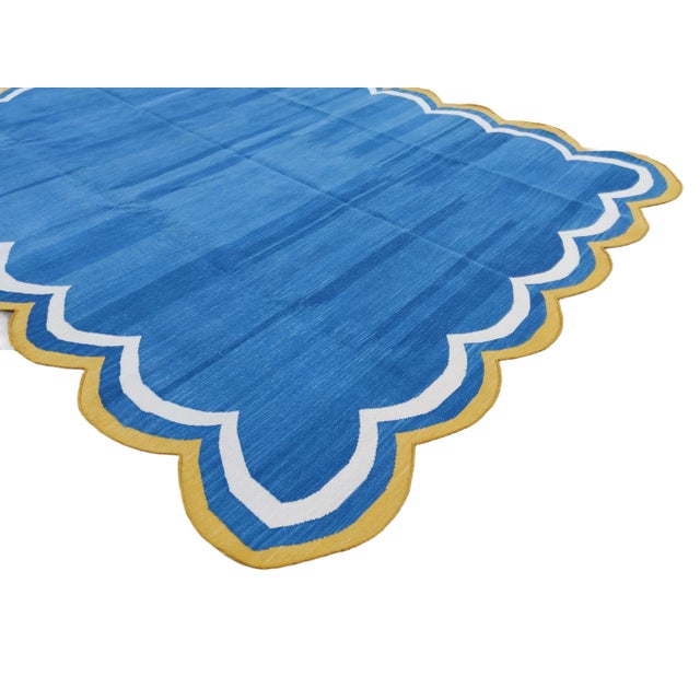 Not Yet Made - Made To Order Handmade Cotton Area Rug Natural Vegetable Dyed Blue Scalloped Rug Yellow Border - 9'x12' For Sale - Image 5 of 11