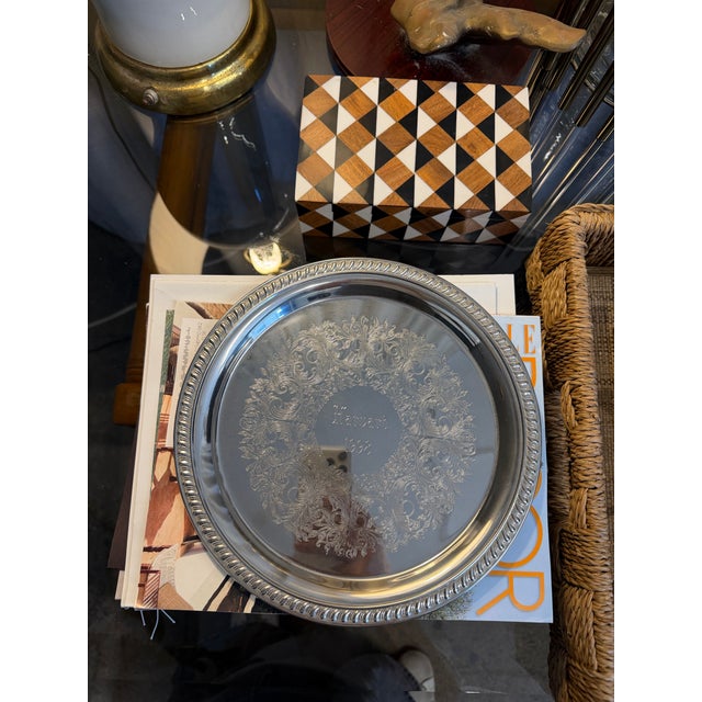 Rare vintage 1990s trophy silver plated traditional style engraved ‘Harvard 1998” round tray.