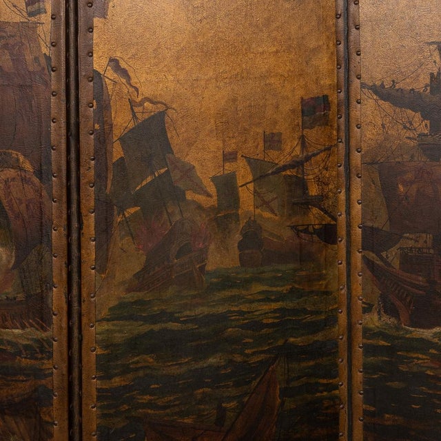 20th Century Oil Painted on Leather Room Screen, 1920s For Sale - Image 18 of 18