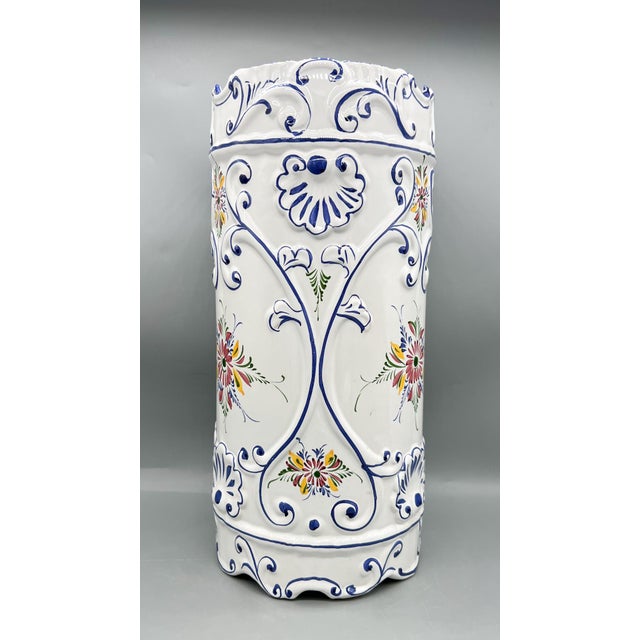 Traditional Vintage Portuguese Hand-Painted Floral Ceramic Umbrella Stand – Mediterranean / Traditional For Sale - Image 3 of 13