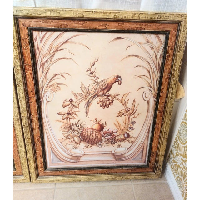 Large Framed Colorful Yellow Rust Floral Scroll Parakeets Wall Art Prints- a Pair For Sale - Image 11 of 12