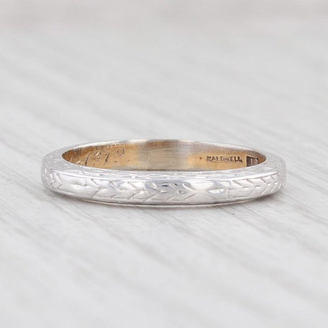 1910s Anitque Caldwell Band 18k White Gold Wheat Etched Wedding Ring Size 6.5 Engraved For Sale - Image 5 of 7
