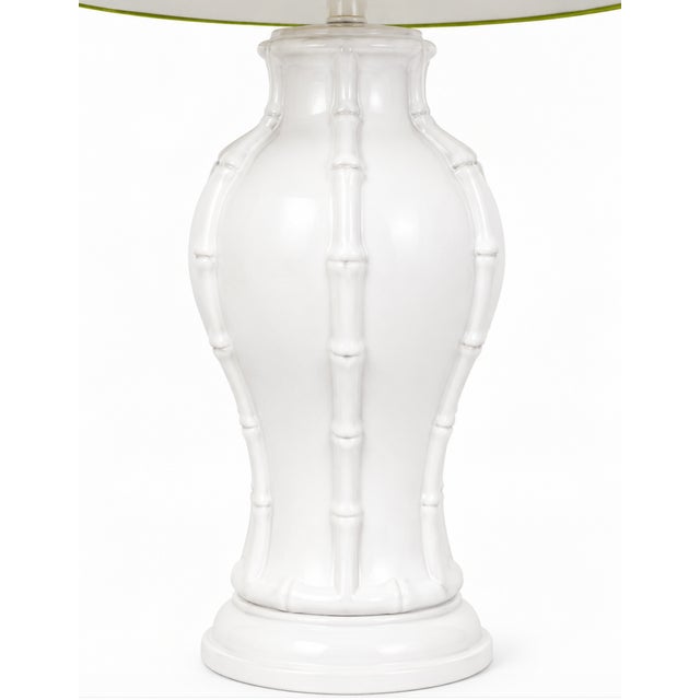 Vintage White Faux Bamboo Ceramic Table Lamp With Heath & Company Pleated Shade For Sale - Image 4 of 8
