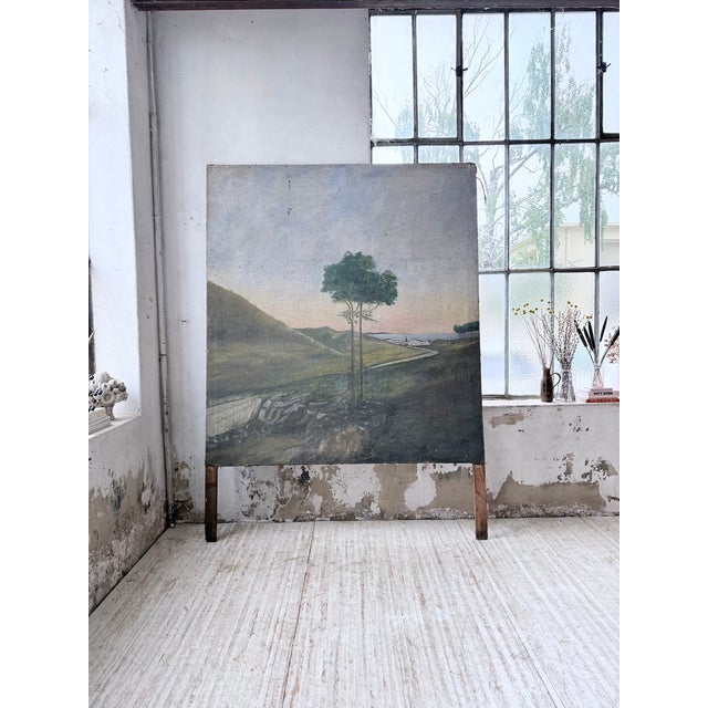 Antique and immense double-sided painting from the 1950s. Originally a theatrical set, it consists of a wooden support on...