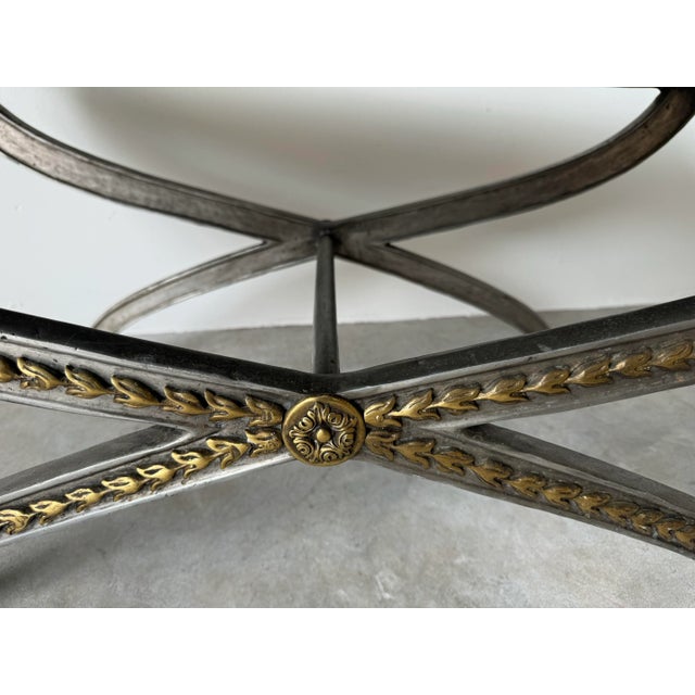 Animal Skin Hollywood Regency Style Brass & Leather Cocktail Table With X-Base For Sale - Image 7 of 12