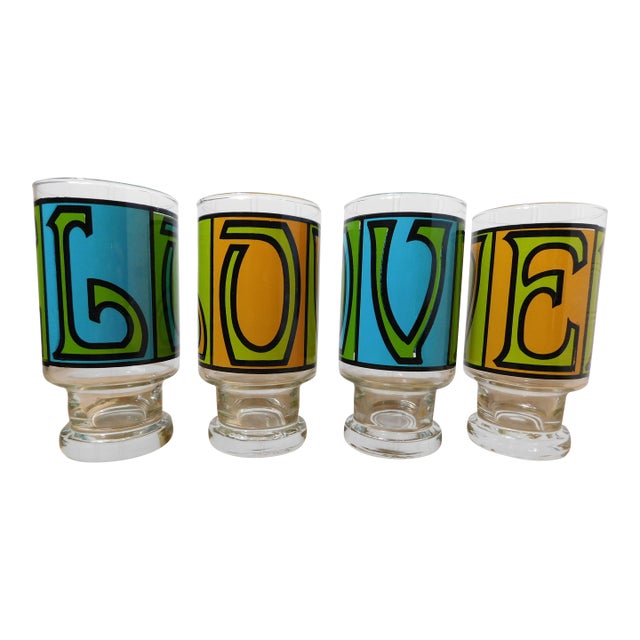 Vintage 1970s Anchor Hocking “Love” Glasses – Set of 4 Psychedelic Retro Tumblers Barware For Sale