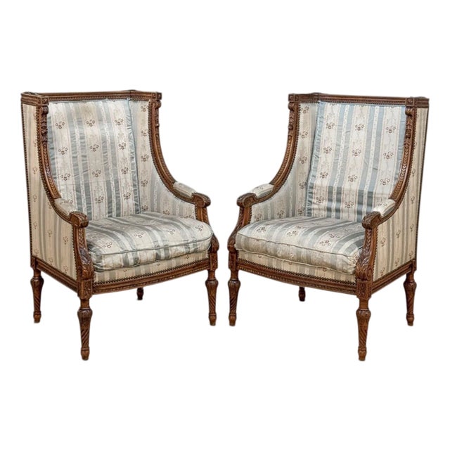 Pair 19th Century French Louis XVI Walnut Bergères ~ Armchairs For Sale
