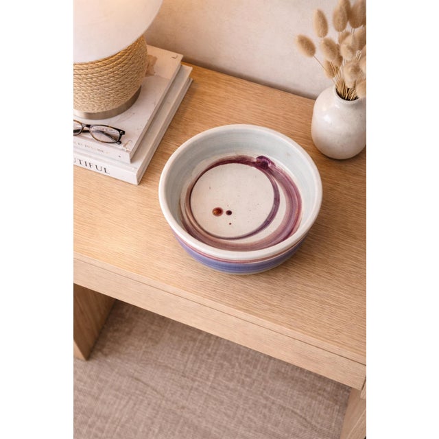 Late 20th Century Signed Studio Pottery Bowl by Klein Art – Blue & Plum Glaze – 8” Diameter – Organic Modern / Wabi Sabi For Sale In Los Angeles - Image 6 of 6