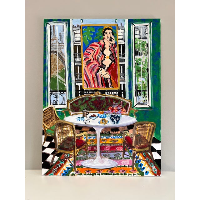 A bold and vibrant painting of an interior, paying homage to Henri Matisse's painting "Helene" circa 1937. The Eiffel...
