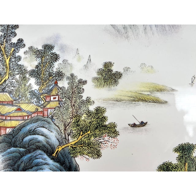 Chinoiserie Traditional Chinese Carved Blackwood Wall Hanging Plaque Panel With Hand Painted Mountain Landscape on Porcelain (Shan Soi) , Signed For Sale - Image 3 of 12