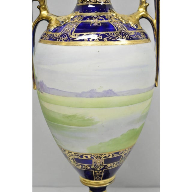 Antique Nippon Hand Painted Cobalt Blue Porcelain Twin Handle Bolted Urn Vase For Sale - Image 16 of 18