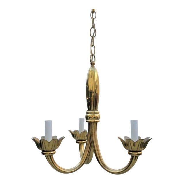 Vintage Feldman Hollywood Regency Solid Brass 3 Arm Lotus Flower Chandelier For Sale