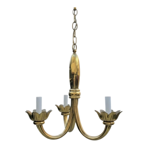 Vintage Feldman Hollywood Regency Solid Brass 3 Arm Lotus Flower Chandelier