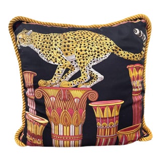Vintage Salvatore Ferragamo Silk Leopard & Egyptian Motif Pillow For Sale