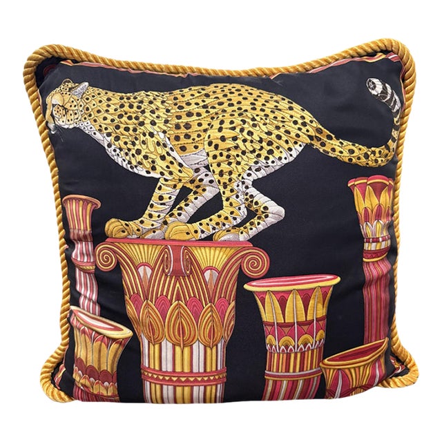 Vintage Salvatore Ferragamo Silk Leopard & Egyptian Motif Pillow For Sale