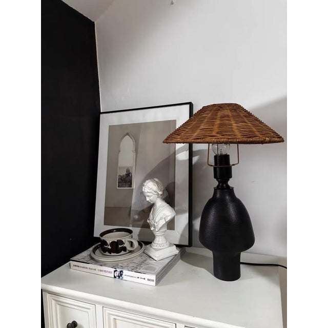 2020s Vintage Rattan & Black Texture Ceramic Lamp For Sale - Image 5 of 6