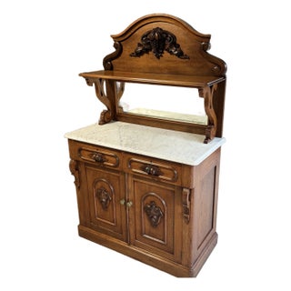 Antique 19th Century Victorian Walnut Marble Top Carved Buffet /Sideboard /Server /Cabinet/Hutch For Sale