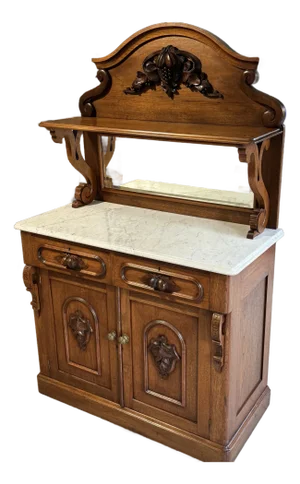 Antique 19th Century Victorian Walnut Marble Top Carved Buffet /Sideboard /Server /Cabinet/Hutch