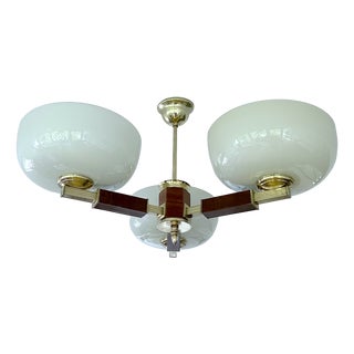 Large Art Deco Pendant Light in Wood and Glass, 1930s For Sale