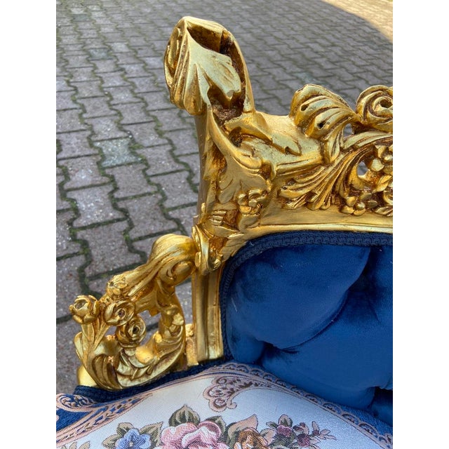Wood 1980s French Louis XVI Blue Gold Beech Velvet Settee For Sale - Image 7 of 14