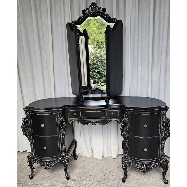 Wood 1930s Black Vanity With Three-Panel Mirror, Rococo Style Vintage Carved Vanity. For Sale - Image 7 of 18