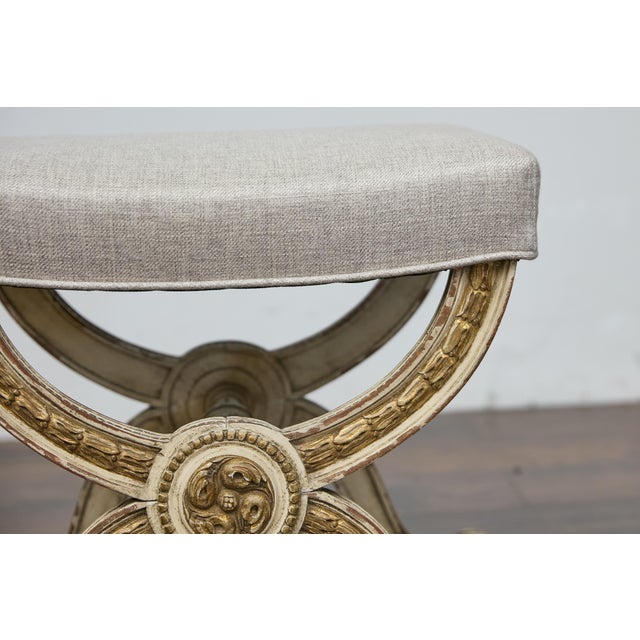 Cream French Empire Style Curule Stool with Gilded Accents and Linen Upholstery For Sale - Image 8 of 12