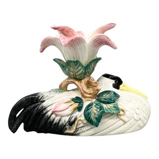 1996 Fitz & Floyd Crane & Lily Ceramic Candlestick Holder – Chinoiserie / Hollywood Regency For Sale