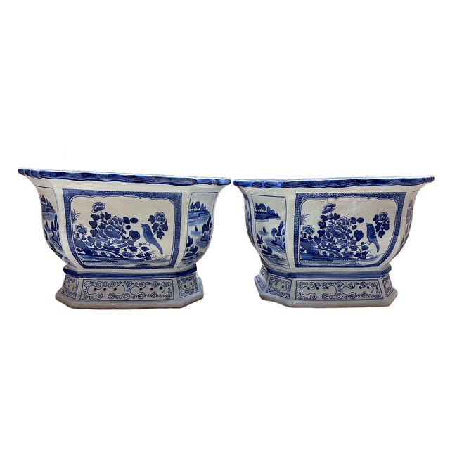 Chinoiserie Contemporary Large Chinoiserie Blue & White Botanical Jardinieres - A Pair For Sale - Image 3 of 5