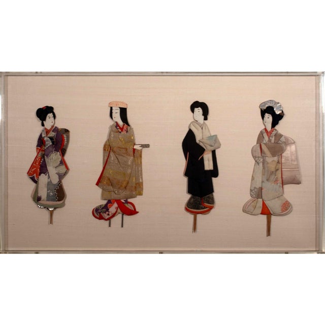 Japanese Antique Japanese Silk Brocade Oshie Art Geisha Puppet Dolls in Shadow Box Frame For Sale - Image 3 of 16