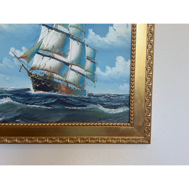 Original Oil Painting Sailing Ship Seascape Maritime Art Ocean Waves Nautical For Sale - Image 9 of 10