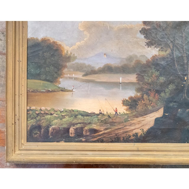 19th Century American Naive Folk Art Landscape Painting With Fishermen For Sale In New York - Image 6 of 18