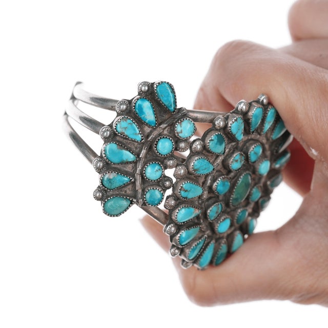 1940s 6.75" c1940's Zuni Cluster turquoise and silver cuff bracelet For Sale - Image 5 of 11