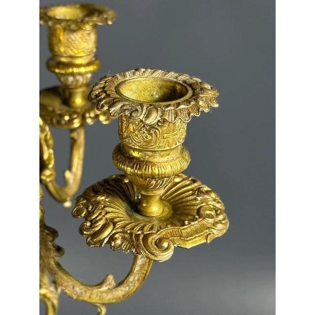 Brass 5-Light Candelabra with Hand-Painted Ceramic Inserts by Luigi Beccarelli, Italy, 19th Century For Sale - Image 6 of 8