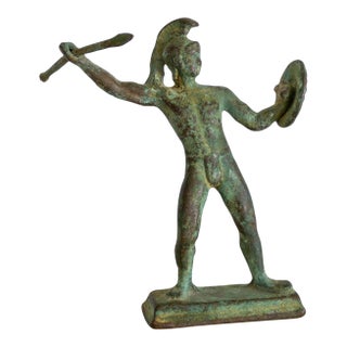 Iron and Verdigris Greek Warrior Figurine With Attic Helmet Spear and Shield For Sale