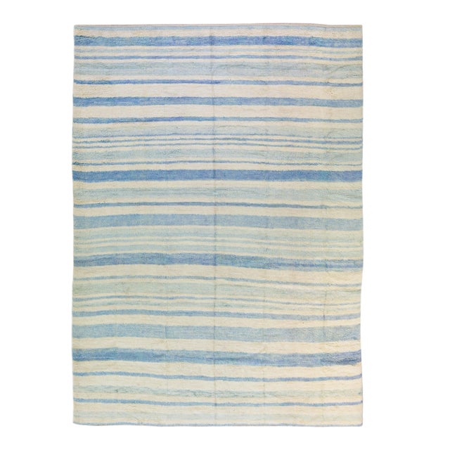 Modern Moroccan Style Handmade Stripe Pattern Ivory and Blue Wool Rug For Sale