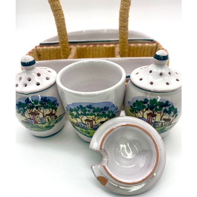 Mid-Century Modern Mid-Century Hand Painted Italian Pottery Condiment Relish Caddy/Basket Server- 7 Pieces For Sale - Image 3 of 13