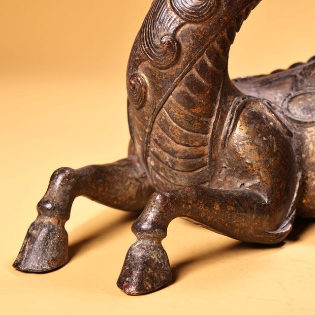 Bronze Early 20th Century Gilt Bronze Mythical Beast Figure – 6.3" Recumbent Qilin Sculpture For Sale - Image 8 of 9