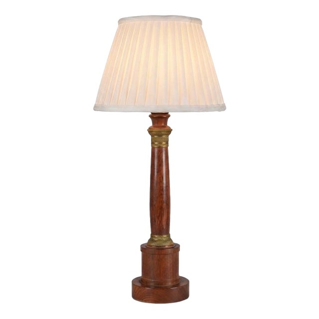 Neo-Classical Turned Wood and Brass Column Table Lamp with Pleated Shade, 1950s For Sale