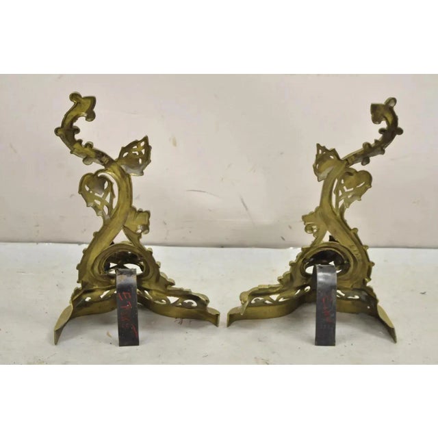 Vintage French Baroque Style Brass Figural Andirons With Dragon Griffins - Pair For Sale - Image 11 of 12