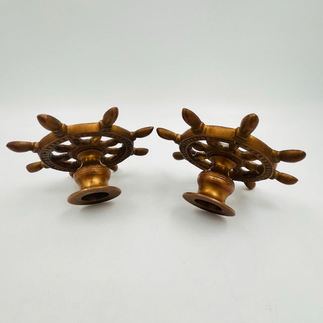 Vintage Brass Nautical Ship's Wheel Candlestick Holders - Set of Two For Sale - Image 10 of 11