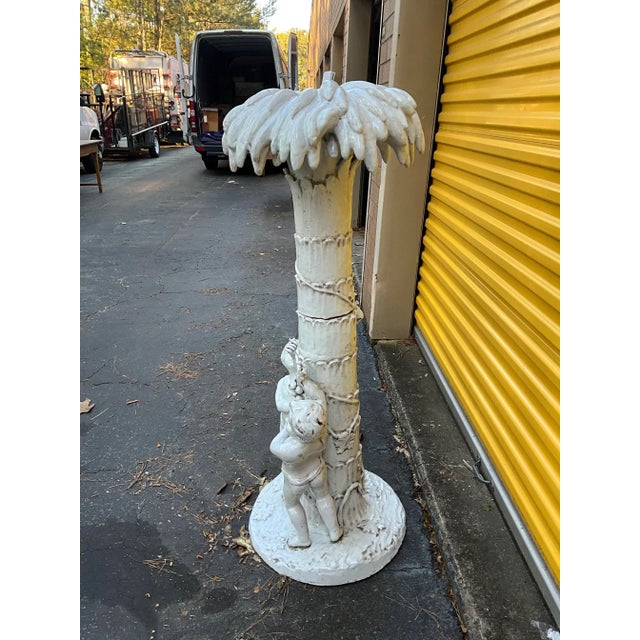 Ceramic Large Scale White Italian Hollywood Regency Terracotta Majolica Palm Tree Putti Statue For Sale - Image 7 of 12