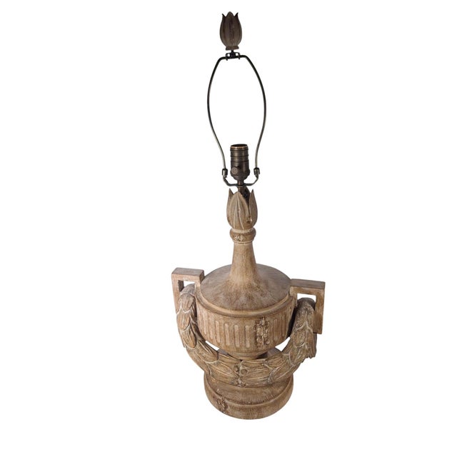 Late 20th Century Late 20th Century Italian Style Carved Wood Lamps With Swag Decoration in Distressed Finish - A Pair For Sale - Image 5 of 9