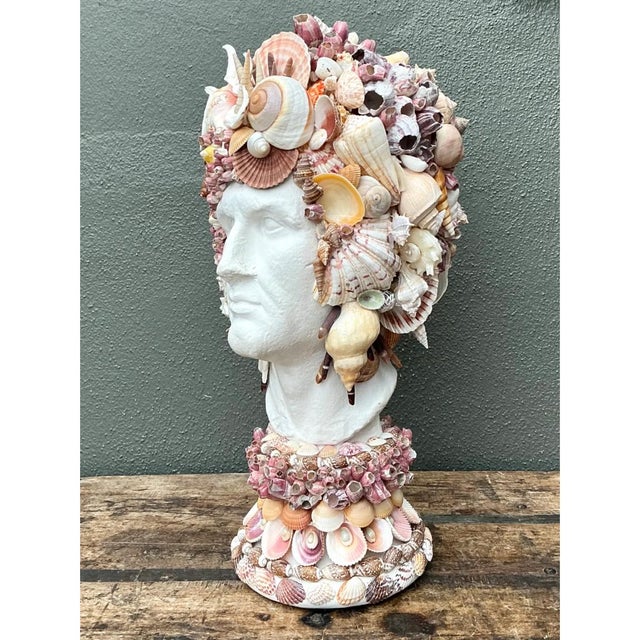 Hollywood Regency Vintage Shell Embellished Plaster Bust For Sale - Image 3 of 12