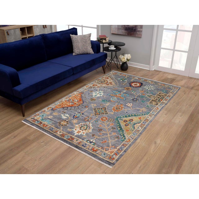 Art Deco Boho Chic Oushak Finnegan Gray/Blue Wool Rug - 5'5'' X 8'3'' For Sale - Image 3 of 8