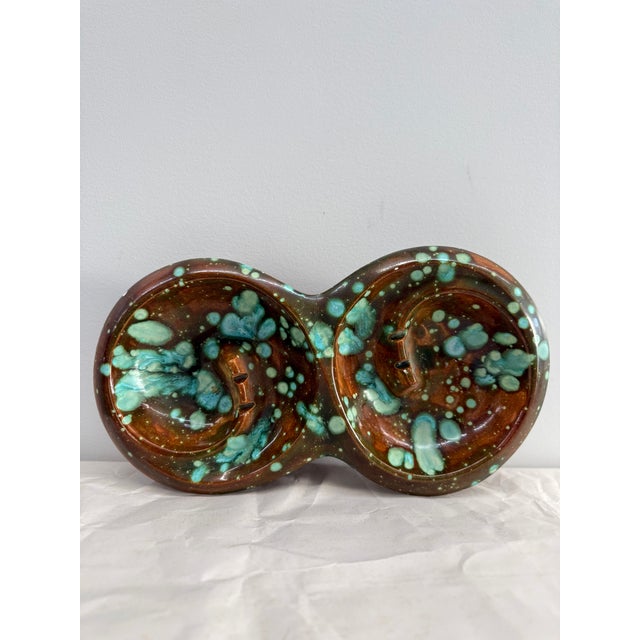 Ceramic Vintage Mid-Century Brown & Aqua Double Bowl Ceramic Ashtray For Sale - Image 7 of 7