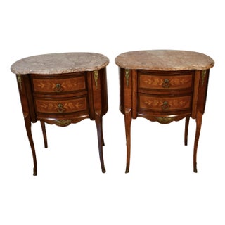 1920 Pair of Antique French Louis XV Walnut & Satinwood Marble Top Nightstands For Sale